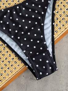 Swim Mod Women's Summer Beach Polka Dot Metal Decor Halter Bikini Top And Triangle Bottoms Swimwear Set - Black and White - View 3