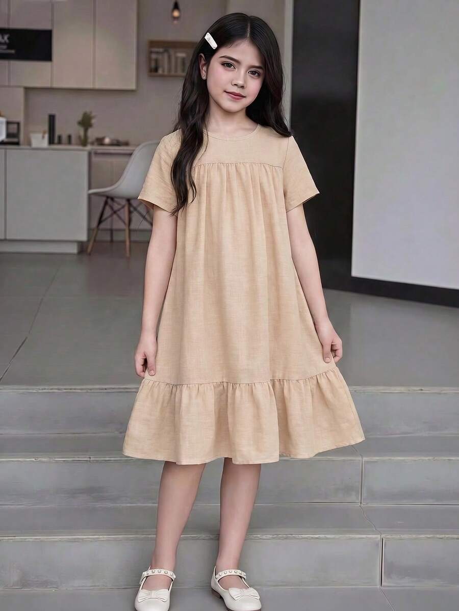 Elladie kids 1件女童夏季新款蓝色纹理面料圆领短袖宽松舒适休闲度假简约百搭家居服蓝色连衣裙
