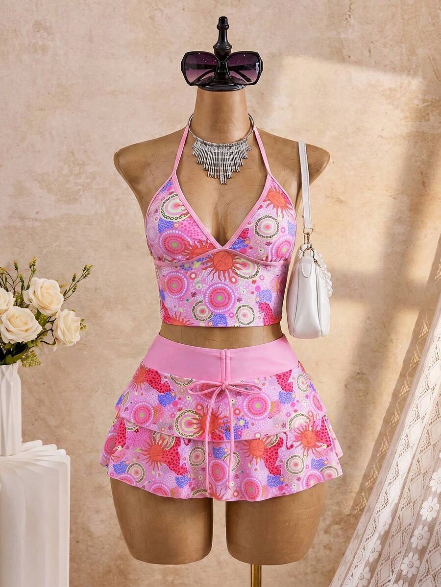 Bellisia Bộ bikini hai dây 3 món dành cho nữ, bikini hai dây dễ thương cho thiếu nữ, bộ bikini hai dây in hoa màu hồng kiểu váy xòe thích hợp cho kỳ nghỉ và hẹn hò. - Hồng - Xem 1