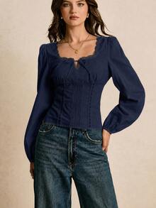 Poéselle Women's Elegant Solid Color Contrast Lace Twist Collar Lantern Sleeve Blouse - Navy Blue - View 4