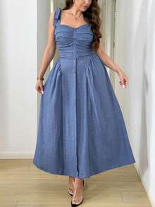 SHEIN LUNE Vestido de tirantes con pliegues en el Body y bajo acampanado, de unicolor, para mujer talla grande, para uso casual, playa, vacaciones y citas - Azul - Ver 6