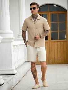 Manfinity CasualCool Men's Casual Everyday Commute Cuban Collar Shirt - Khaki - View 3