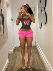 StreetHx 2pcs/Set Women Numeric Print Camisole Top And Super Short Shorts - Multicolor - View 6