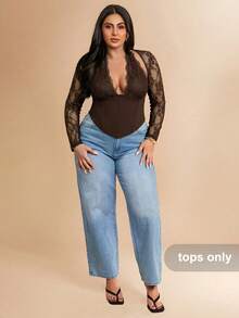 SHEIN BAE Áo cổ yếm ren tương phản màu đen dành cho nữ cỡ lớn - màu nâu - Xem 5