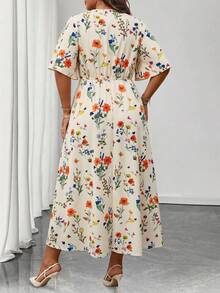 Auvina Vestido maxi de línea A con cuello en V, volantes y mangas cortas, con cintura anudada, para uso diario, talla grande - Multicolor - Ver 2