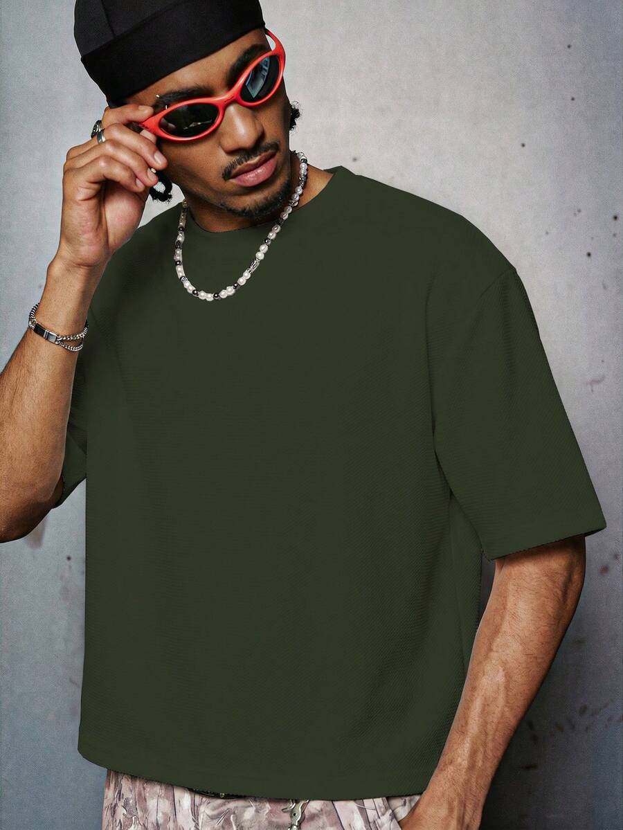 PAVTROS Men's Solid Color Casual Versatile Round Neck Short Sleeve T-Shirt, Holiday - Army Green - View 1