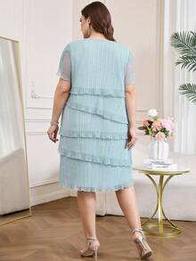 Reflora Plus Size Women Solid Color Round Neck Casual Party & Outing Dress - Blue - View 2
