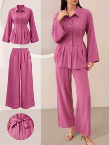 Graceveil Bộ 2 món: Áo sơ mi cổ bẻ tay loe buộc dây phía trước và quần ống rộng, màu đỏ. - Đỏ - Xem 3