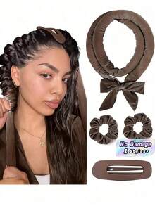 4Pcs Heatless Curler Set - No Heat Overnight Hair Rollers For Long Hair, Soft Ribbon Wrapped Styling Tool With Hair Ties & Clips, Suitable For All Hair Types, Sleep-In Curling Kit - Brown - View 1