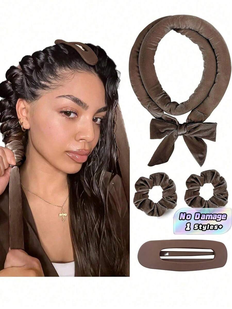 4Pcs Heatless Curler Set - No Heat Overnight Hair Rollers For Long Hair, Soft Ribbon Wrapped Styling Tool With Hair Ties & Clips, Suitable For All Hair Types, Sleep-In Curling Kit - Brown - View 1