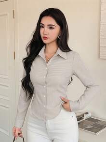 DAZY 女士条纹长袖单排扣休闲通勤衬衫 - 卡其色 - 查看 3