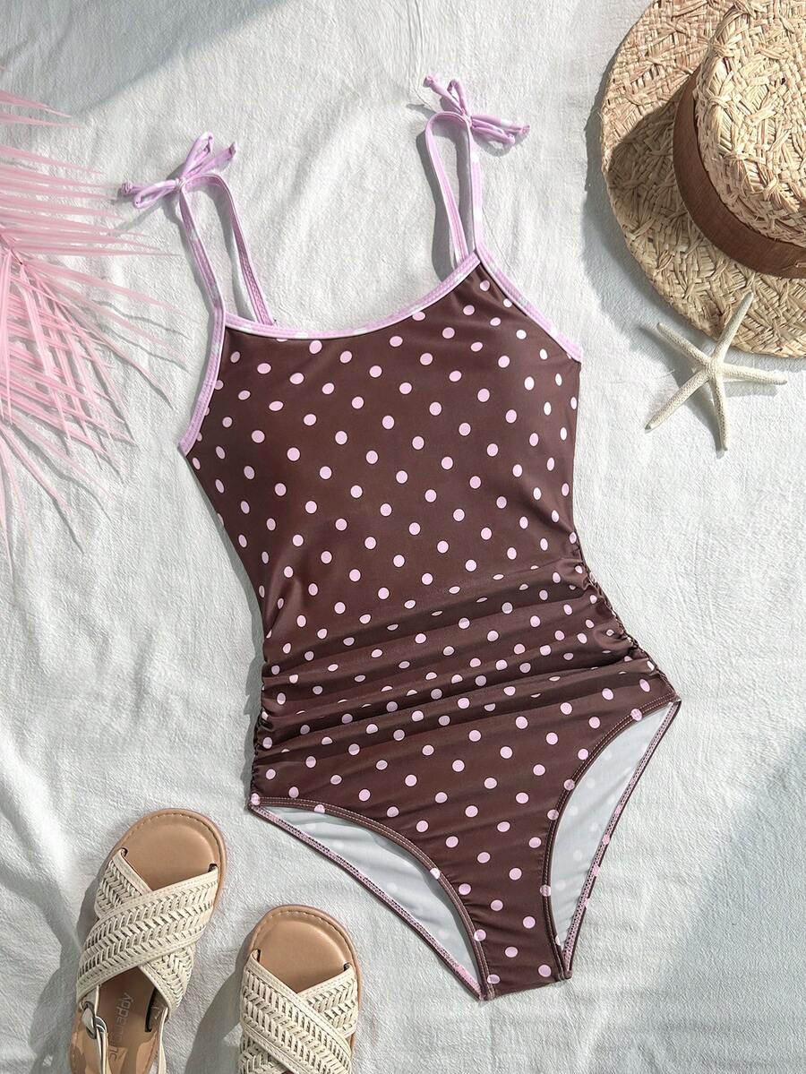 SHEIN Tween Girls Summer New Beach Vacation Pink & Brown Polka Dot One-Piece Swimsuit - Brown - View 1