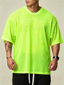 Manfinity Sport Corelite Men's Summer Neon Green Casual Solid Color Mesh Breathable Short Sleeve Sports T-Shirt, Football, Gym, Holiday - Green - View 4