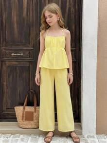SHEIN Bộ đồ 2 món cho bé gái tuổi teen: Áo hai dây in hình quả anh đào kẻ caro và quần ống đứng, thích hợp cho kỳ nghỉ lễ. - Màu xanh lam - Xem 1