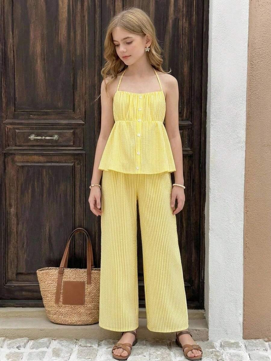 SHEIN Bộ đồ 2 món cho bé gái tuổi teen: Áo hai dây in hình quả anh đào kẻ caro và quần ống đứng, thích hợp cho kỳ nghỉ lễ. - Màu xanh lam - Xem 1