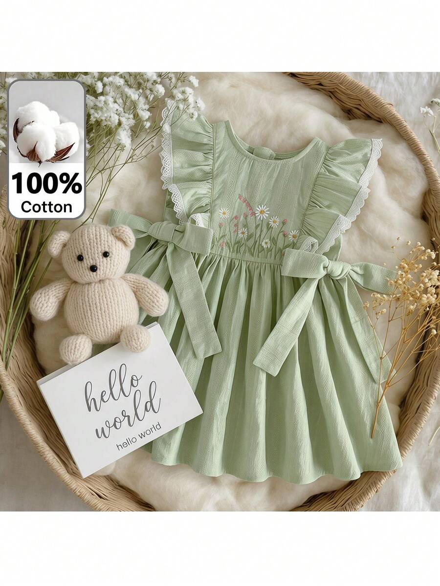 Loomiva Gaun Bayi Perempuan Motif Bunga Leher Bulat Lengan Pendek dengan Hiasan Ruffle di Pinggang - Hijau - View 1