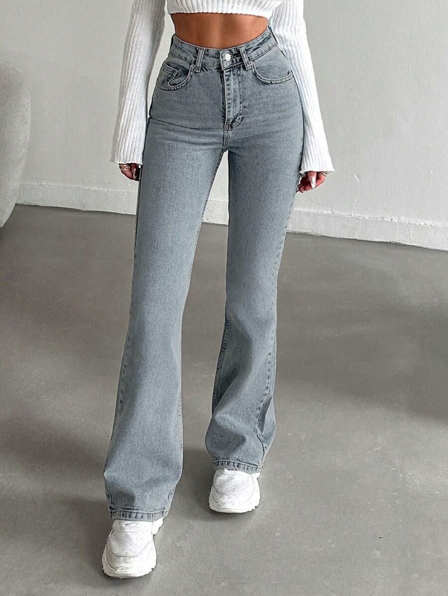 EURMUSE 98%Cotton Solid Color Bell Bottom Jeans - Light Wash - View 1