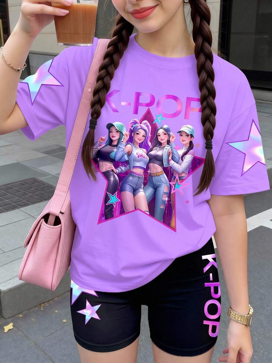 2件組 Y2K 街頭風紫色夏季牛仔 K-Pop 女團字母星星印花圓領短袖 T 恤與短褲套裝，適合節慶與派對 - 彩色 - 查看 1