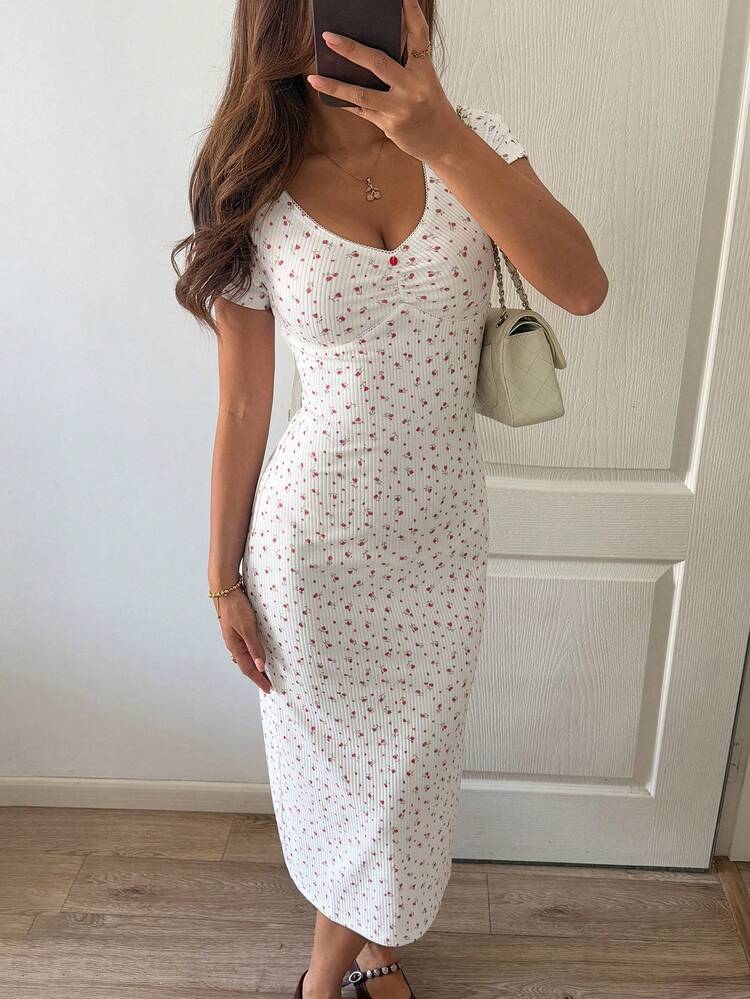 Ditsy Floral Fitted Ruched Waist Short Sleeve Elegant Summer Dress For Women