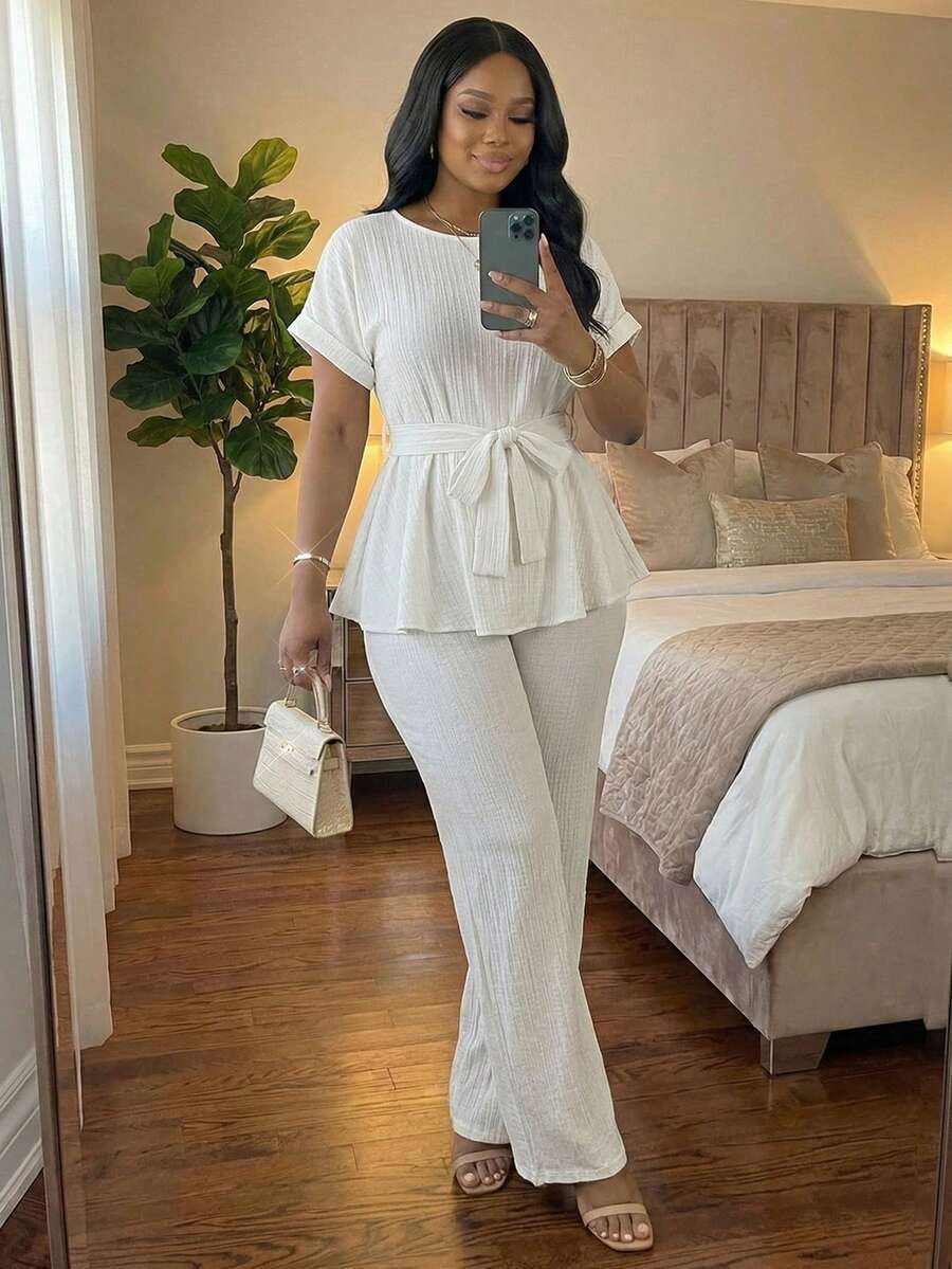 SHEIN Lady CURVE 大码女式纯色圆领短袖衬衫和裤子休闲两件套