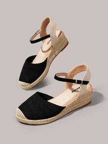Styleloop 女款厚底麻繩時尚度假圓頭扣環涼鞋，度假氛圍，夏季穿搭，旅行必備 - 黑色 - 查看 6