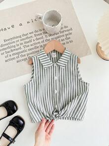 SHEIN Young Girl Woven Striped Cropped Casual Shirt - Green - View 7