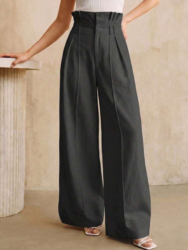 Anewsta Modern White Paper Bag Waist Pants, Women Casual Suit Trousers