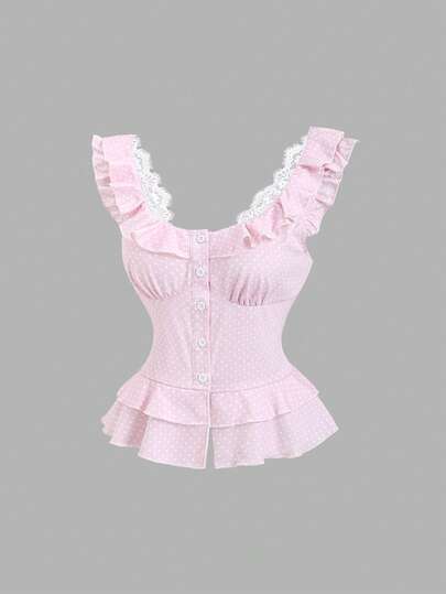 Sweetra Spring/Summer New Romantic Polka Dot Lace Patchwork Ruffle Hem Cinched Waist Cap Sleeve Women Blouse, Suitable For Daily And Work Wear