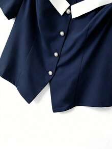 GlowEve CURVE Plus Size Women's Elegant Color Block Square Collar Puff Sleeve Pearl Button Front Split Hem Fitted A-Line Short Shirt, Suitable For Spring/Summer Casual, Commute, Vacation - Navy Blue - View 3