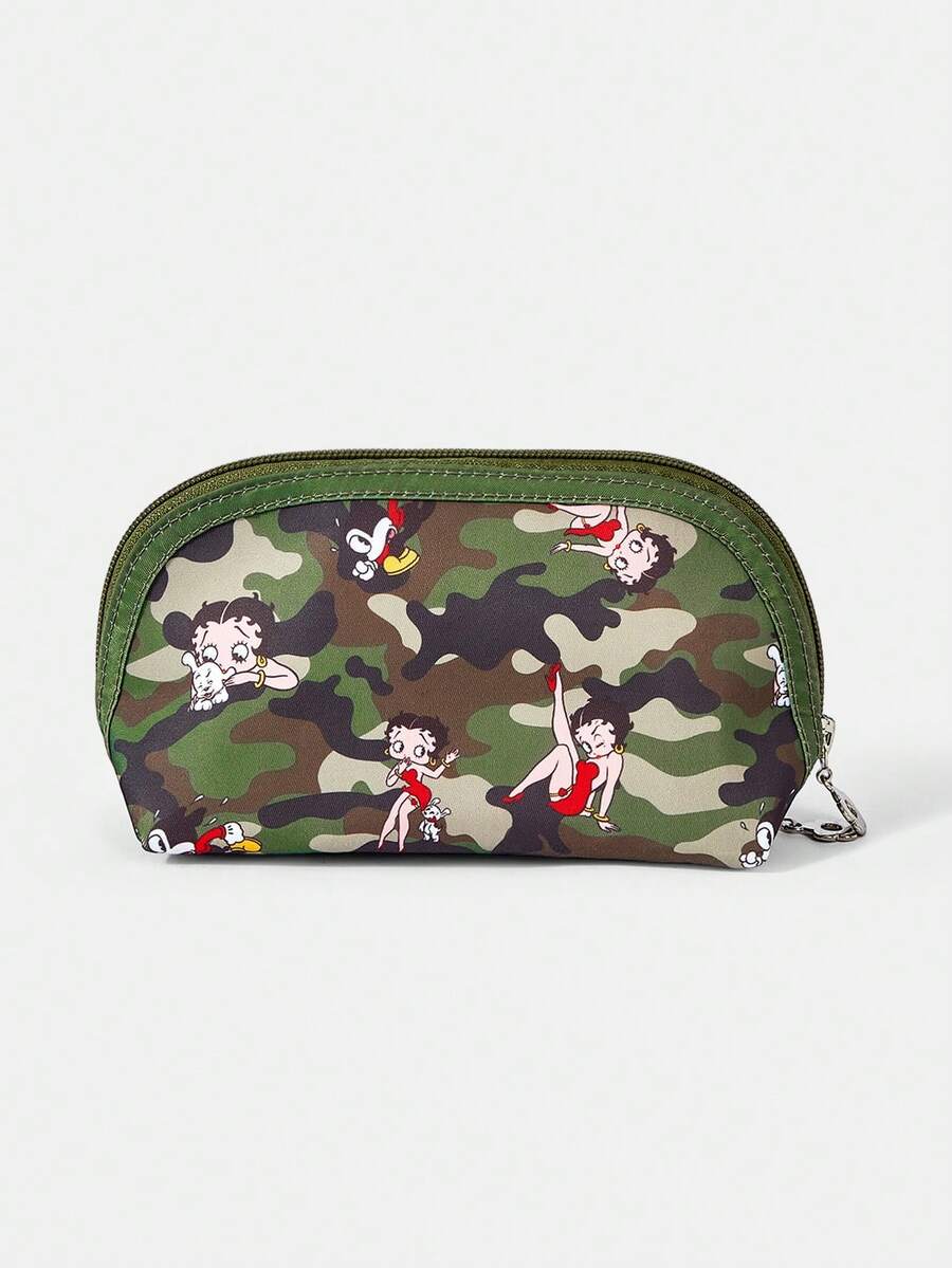 Betty Boop x SHEIN 1个纸箱图案化妆包,便携式拉链化妆品收纳袋,多功能整理包,轻便旅行包 - 迷彩綠 - 查看 1