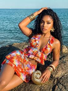 Slaydiva Bộ đồ mùa hè lấy cảm hứng từ phong cách Bohemian, gồm áo crop top xếp tầng và chân váy mini xếp ly bằng vải tuyn in họa tiết Paisley - A - Nhiều màu - Xem 7