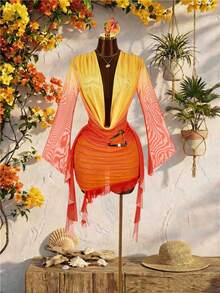 Amplova Vestido mini de mujer de manga larga, ajustado, con diseño de volantes y cuello halter, de malla verde, adecuado para ocasiones de fiesta en otoño/invierno, Año Nuevo, Navidad, Halloween, Día de San Valentín - Naranja - Ver 3