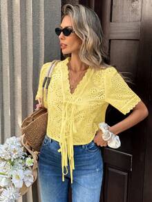 Pariaura Embroidered Floral Trim V-Neck Women Blouse - Yellow - View 5