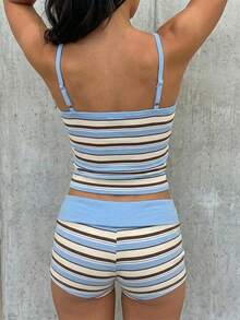 SHEIN EZwear Summer Contrast Color Striped Print Trim Camisole And Shorts Set - Multicolor - View 2