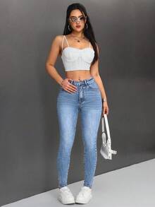 SHEIN PETITE 女款口袋修身休閒百搭牛仔褲，適合嬌小女性 - 淺色水洗藍 - 查看 3