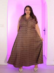 Pretty and Ole Plus Size Plaid Print Button Front Sleeveless Top And Skirt Elegant 2 Pieces Sets Summer - Brown - View 3