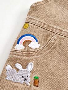 Baby Girls' Denim Overalls, Rainbow & Star Embroidery, Relaxed Fit, Comfortable Washed Denim Bib Pants - Khaki - View 8