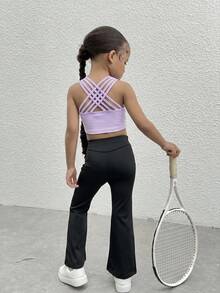SHEIN 女童纯色短款针织吊带背心运动服 - 紫色 - 查看 3