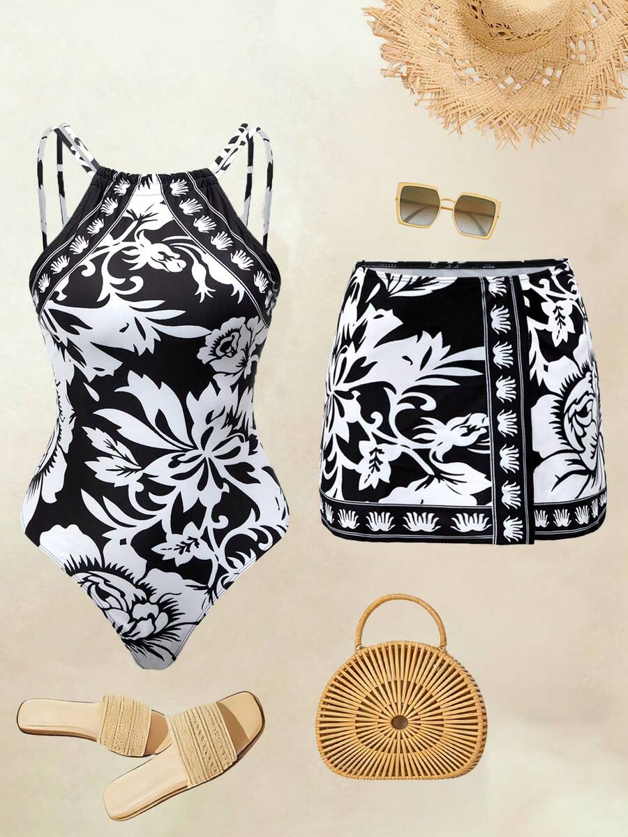 Swim Oasis 女款黑色夏季休閒熱帶度假高階優雅花卉連身泳衣附裙擺,波希米亞風兩件式坦克比基尼泳衣套裝 - 彩色 - 查看 1