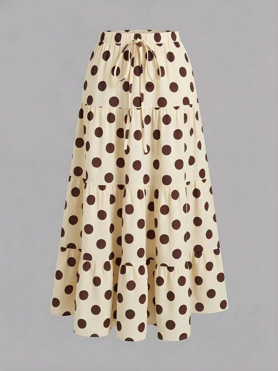 SHEIN EZwear 休閒簡約復古優雅通勤百搭暖棕色波點印花女款夏季三層蛋糕裙,適合海灘度假 - 彩色 - 查看 1