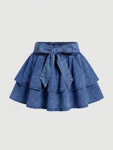 SHEIN MOD Plus Size Denim Mini Skirt With Bow Accent, Blue - Medium Wash - View 1