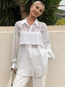 Livesso Women's Striped Loose Casual Shirt, New Arrival For Autumn - White - View 3