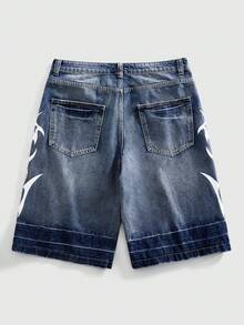 ROMWE MEN Men's Street Style Printed Denim Shorts, Loose Fit, Casual Distressed Ripped Jeans - Dark Wash - View 2