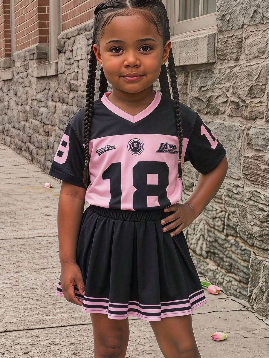 Emery Rose Kids 2pcs/Set Young Girl Letter & Number Pattern V-Neck Loose Casual T-Shirt And Mini Skirt Outfit - Black - View 1