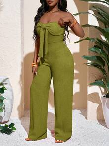 Slaydiva Bộ jumpsuit nữ mùa xuân hè mới, kiểu dáng thường ngày, gợi cảm và thanh lịch: áo ống thắt nơ, ống rộng dài chấm đất, màu cam, chất liệu dệt kim, thích hợp cho kỳ nghỉ. - Màu xanh Ô liu - Xem 6