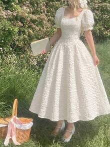 SHEIN Đầm ngắn tay màu mơ thanh lịch kiểu cổ điển cho bé gái, đầm jacquard cổ vuông tay cánh hoa mùa xuân/hè, đầm dự tiệc sinh nhật. - Màu be - Xem 1