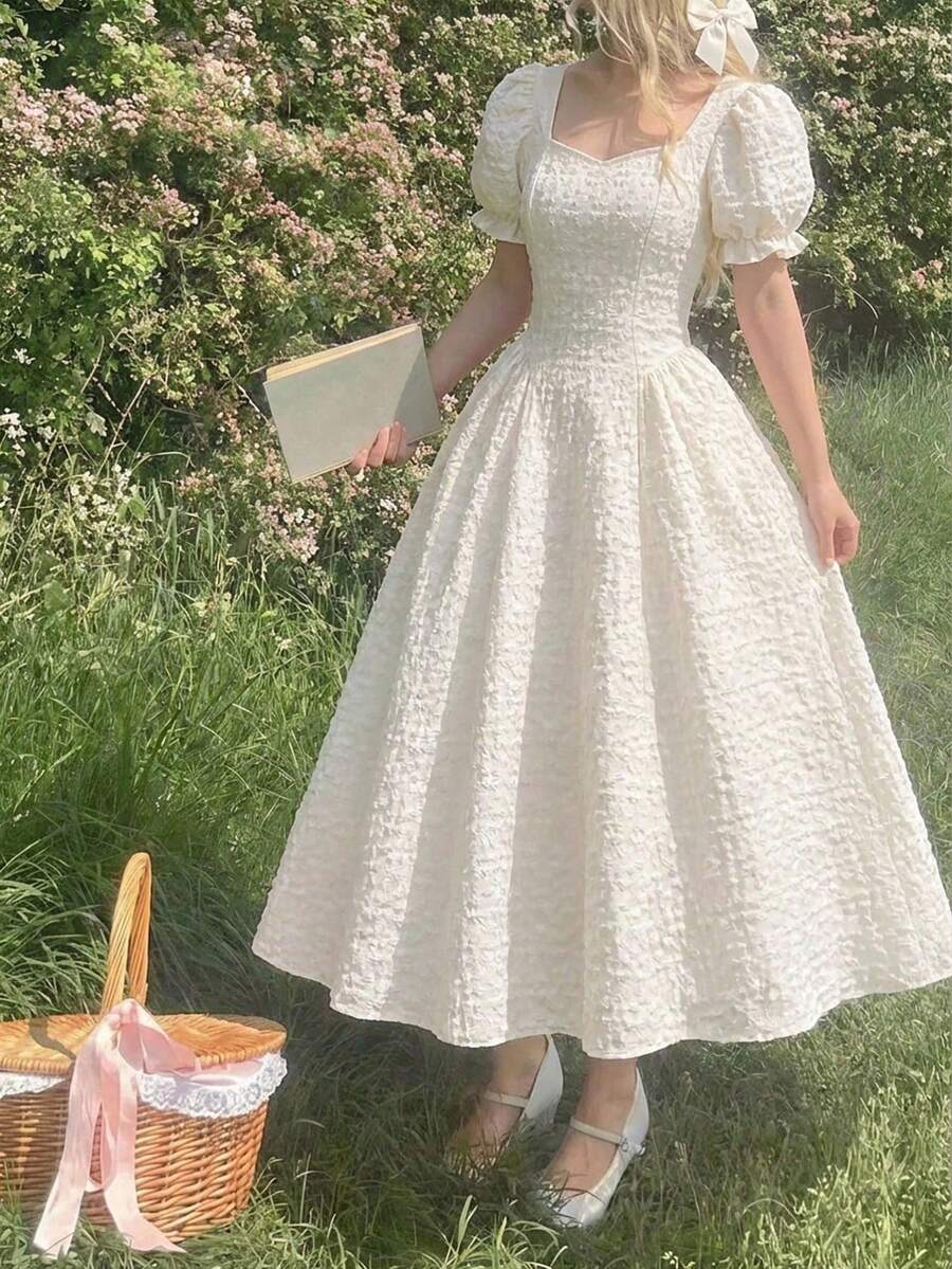 SHEIN Đầm ngắn tay màu mơ thanh lịch kiểu cổ điển cho bé gái, đầm jacquard cổ vuông tay cánh hoa mùa xuân/hè, đầm dự tiệc sinh nhật. - Màu be - Xem 1