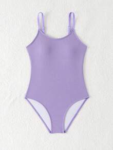 SHEIN Solid Color Textured Fabric Fashion One-Piece Swimsuit For Tween Girls - Purple - View 3