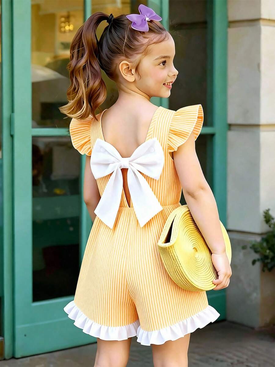 Elladie kids Young Girls Blue & White Striped Ruffle Trim Sleeveless Romper, Elegant, Comfortable, Fashionable Design, Summer Bow Back Outfit Kids Romper Dress Girls Romper Summer Blue Stripe Romper Ruffle Sleeve Romper Cute Light Blue Romper Kids Little Girl Light Blue Outfit Blue Bow Girls Outfit Summer Romper For Girls Spring Outfits For Girls Toddler Girls Clothes - Yellow - View 1