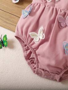 Pelele de verano casual con volantes y mariposas rosadas para bebé niña recién nacida - Rosa - Ver 5